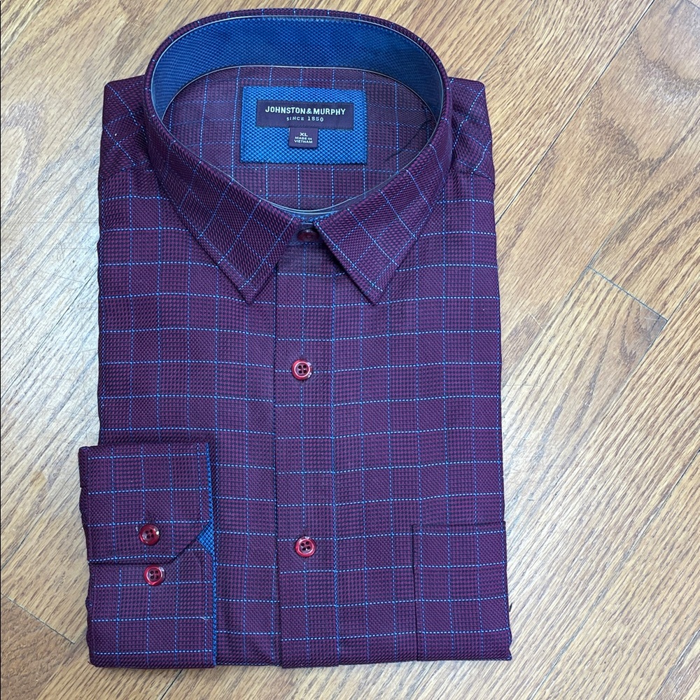 Johnston & Murphy Men's Burgundy and Blue Plaid Shirt